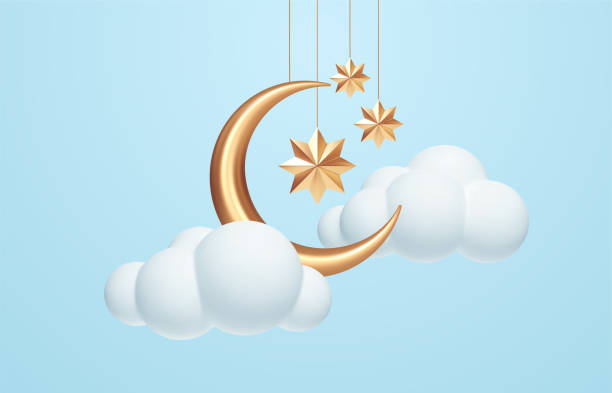 istock Crescent moon, golden stars and white clouds 3d style isolated on blue background. Dream, lullaby, dreams background design for banner, booklet, poster. Vector illustration 1332101141