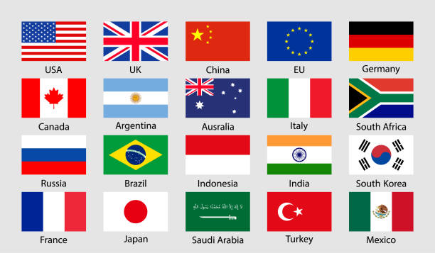 illustrazioni stock, clip art, cartoni animati e icone di tendenza di icona della bandiera g20. cina, corea del brasile, messico, stati uniti, giappone, indonesia, canada, francia, argentina, arabia saudita, india, germania, sudafrica, italia, australia, turchia, russia, regno unito costituiscono il g 20. vettore - argentina arabia saudita