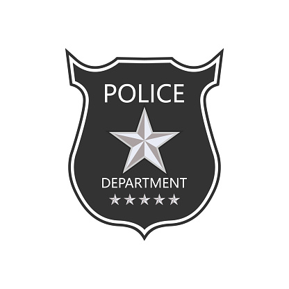 Police department badge. Shield of cop. Badge of officer police. emblem of sheriff. Symbol of security, law, protect, detective, patrol and policeman. Label and logo for uniform. Vector.