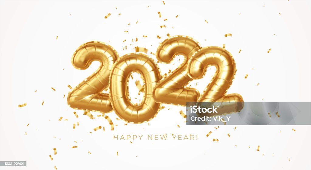 Bonne année 2022 ballons en feuille d’or métallique sur fond blanc. Les ballons d’hélium doré numérotent le Nouvel An 2022. Illustration ve3ctor - clipart vectoriel de 2022 libre de droits