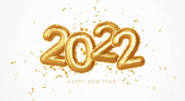 stockillustraties, clipart, cartoons en iconen met happy new year 2022 metallic gold foil balloons on a white background. golden helium balloons number 2022 new year. ve3ctor illustration - nieuwjaar