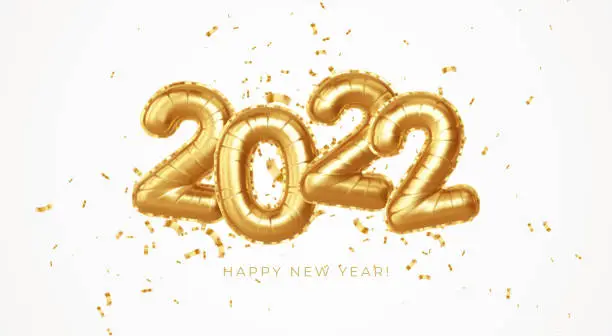 Vector illustration of Happy new year 2022 metallic gold foil balloons on a white background. Golden helium balloons number 2022 New Year. Ve3ctor illustration