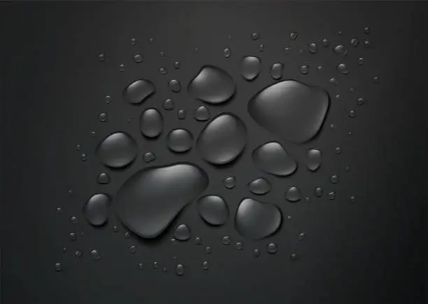 Vector illustration of Realistic drops of water on a black background. Black background with splashing water top view. Vector illustration