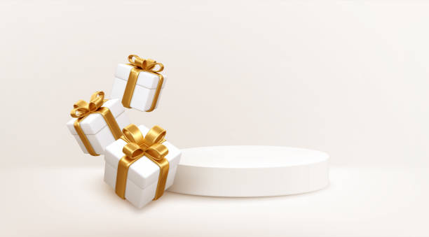 illustrations, cliparts, dessins animés et icônes de scène de podium de produit de style 3d avec une boîte-cadeau blanche volante avec un arc en or. joyeux noël et nouvel an conception de bannière festive, carte de vœux. illustration vectorielle - gift box christmas present birthday present three dimensional