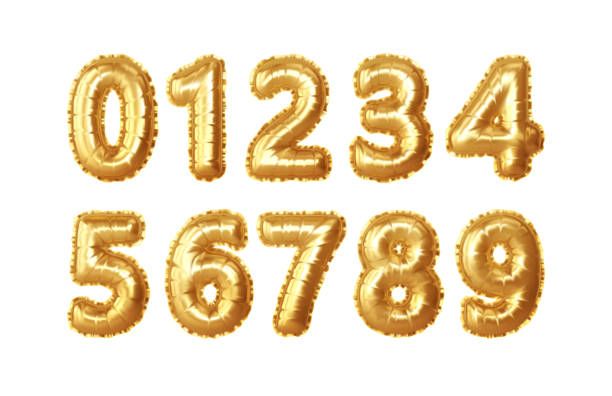 ilustrações de stock, clip art, desenhos animados e ícones de set of 0,1,2,3,4,5,6,7,8,9 numbers of gold foil balloons. golden realistic numbers balloons for numbering anniversary, birthday, new year. vector illustration - 0 1 year