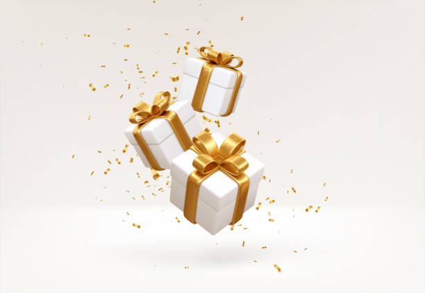 illustrations, cliparts, dessins animés et icônes de joyeux nouvel an et joyeux noël 2022 coffrets cadeaux blancs avec arcs dorés et confettis à paillettes dorées sur fond blanc. boîtes-cadeaux volantes et tombant. illustration vectorielle - cadeaux