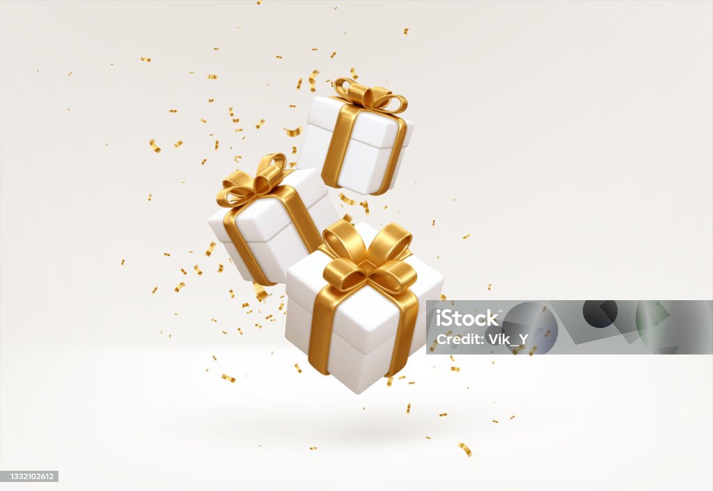 Merry New Year and Merry Christmas 2022 white gift boxes with golden bows and gold sequins confetti on white background. Gift boxes flying and falling. Vector illustration - Royaltyfri Present vektorgrafik