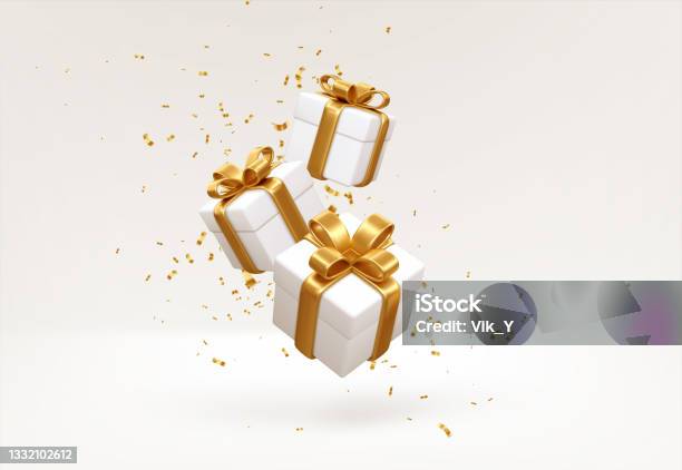 Merry New Year And Merry Christmas 2022 White Gift Boxes With Golden Bows And Gold Sequins Confetti On White Background Gift Boxes Flying And Falling Vector Illustration-vektorgrafik och fler bilder på Present