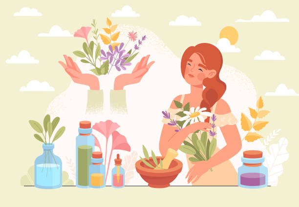 ilustraciones, imágenes clip art, dibujos animados e iconos de stock de concepto de medicina herbal y homeopatía sanitaria - ayurveda herb alternative medicine herbal medicine