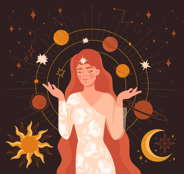 Mystical vintage style hand drawing Mystical vintage style hand drawing. Portrait of a girl with stars and planets hovering around her head. Meditation, balance, spiritual calmness abstract concept. Flat cartoon vector illustration forecasting illustrations stock illustrations