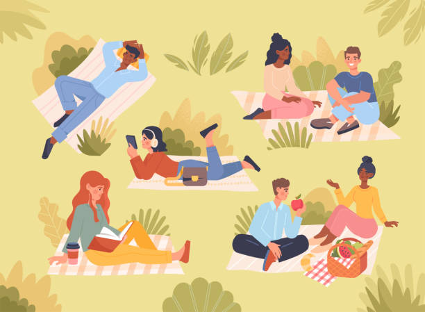 ilustrações de stock, clip art, desenhos animados e ícones de people spending time at summer park - picnic summer break relaxation