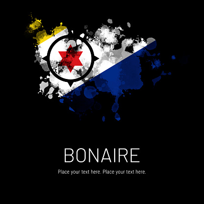 Flag of Bonaire ink splat on black background. Splatter grunge effect. Copy space. Solid background. Text sample.