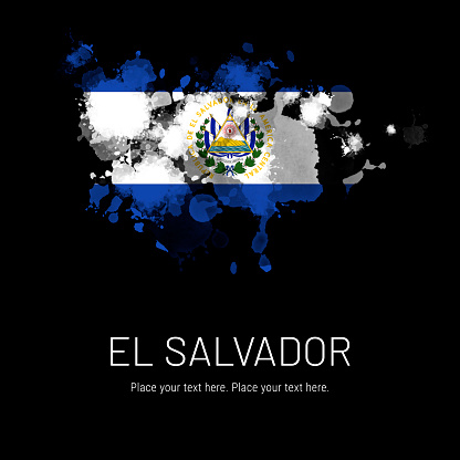 Flag of El Salvador ink splat on black background. Splatter grunge effect. Copy space. Solid background. Text sample.