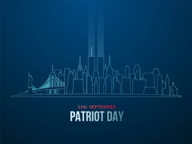 illustrazioni stock, clip art, cartoni animati e icone di tendenza di skyline di new york con silhouette di torri gemelle in stile lineare. attacchi dell'11 settembre. banne vettoriale del patriot day - american culture liberty usa statue