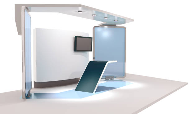 istock Information desk or exhibition counter isolated,  Booth mock-up isolated, 3D rendering 1332105618