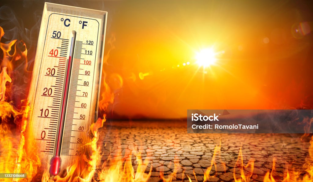 Heatwave With Warm Thermometer And Fire - Global Warming And Extreme Climate - Environment Disaster Heat Temperature - Thermometer, Warm Sun And Dry Soil - Extreme Climate - contain 3d Rendering Heat - Temperature Stock Photo
