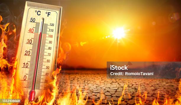Heatwave With Warm Thermometer And Fire Global Warming And Extreme Climate Environment Disaster Stock Photo - Download Image Now