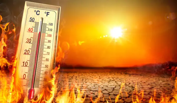 Photo of Heatwave With Warm Thermometer And Fire - Global Warming And Extreme Climate - Environment Disaster