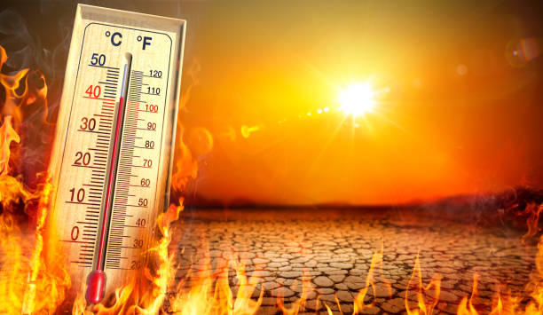 heatwave with warm thermometer and fire - global warming and extreme climate - environment disaster - glödande bildbanksfoton och bilder