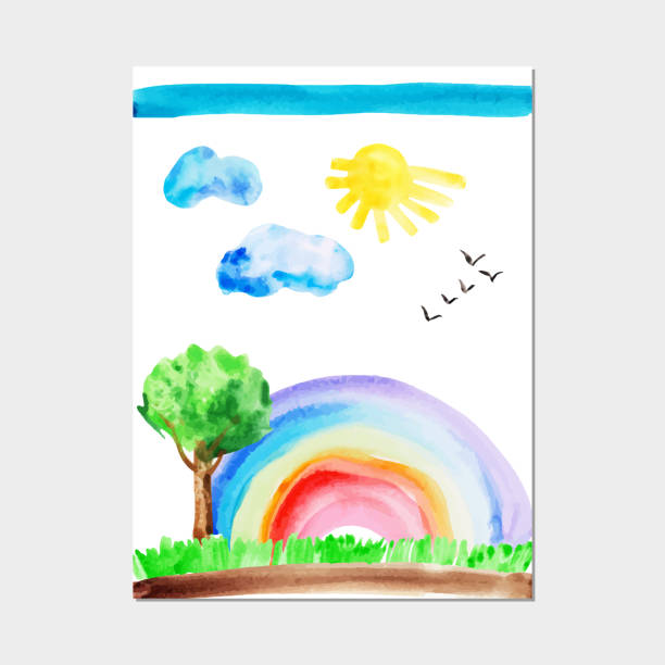 istock Watercolor hand drawn naive kids drawing rainbow, sun, sky, birds, tree, grass 1332111902