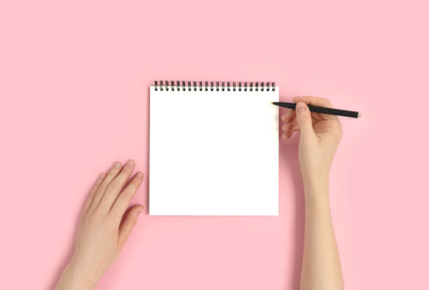 istock Female hands hold pen and notepad. Blank copybook mockup. 1332112393