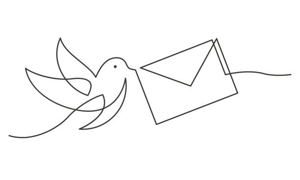 bird letter one line Continuous line drawing of bird carrying a letter. Bird postman flying with envelope. Vector illustration continuous line drawing bird stock illustrations