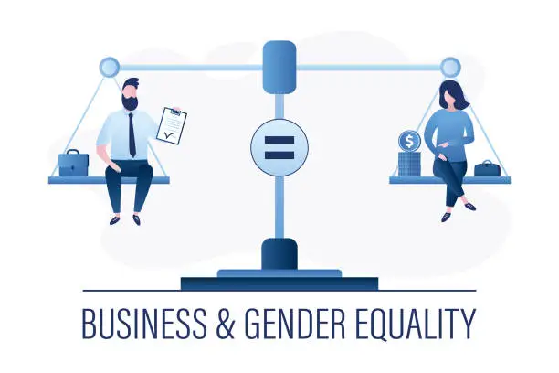Vector illustration of Business and gender equality, concept banner. People sitting on scales. Equal rights for men and women at job. Equal pay.