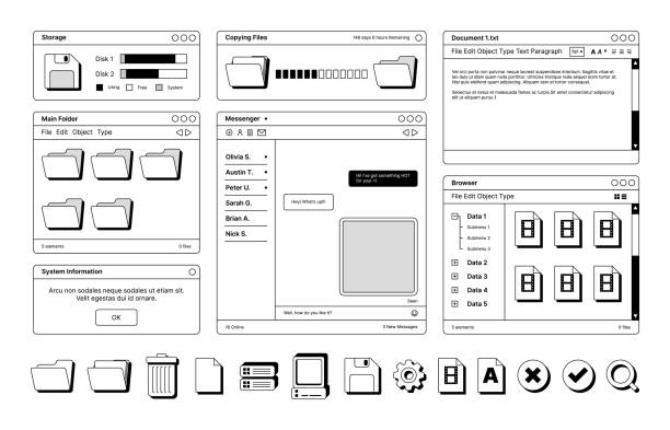 Web pages layout templates in retro style digital screen symbols icons dividers frames banners buttons garish vector flat illustration Web pages layout templates in retro style digital screen symbols icons dividers frames banners buttons garish vector flat illustration. Interface web, folder page, file browser windows folder icon stock illustrations