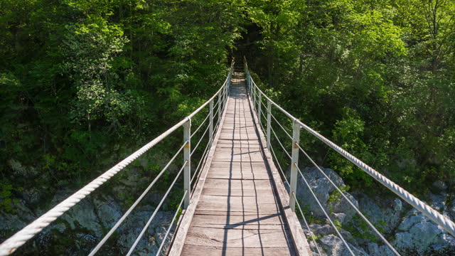 Walking over wooden bridge in lush green environment