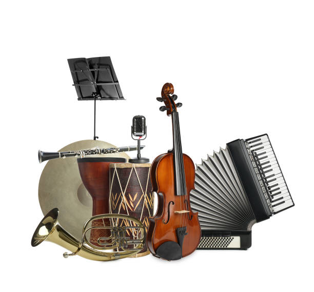 istock Group of different musical instruments on white background 1332121612