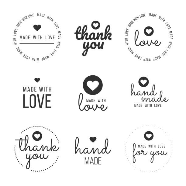 set labels and bages for sellers including ''thank you'', ''handmade'', ''made with love'' and ''for you'' labels. vector illustration - yapmak stock illustrations