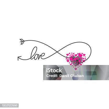 istock Happy Valentines Day lettering isolated on white background vector illustration. Letters hand drawn composition for gift, postcard, print, banner, web. Greeting romantic design. Love symbol tagline. Cupid s arrow in the form of an infinity sign and heart 1332122550