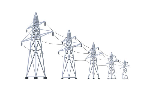 High voltage electricity grid tower pylons. High voltage electricity distribution grid pylons. Flat vector illustration of utility electric transmission network providing energy supply. Electrical power lines isolated on white background. transformer electricity stock illustrations