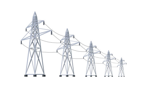 High voltage electricity grid tower pylons. High voltage electricity distribution grid pylons. Flat vector illustration of utility electric transmission network providing energy supply. Electrical power lines isolated on white background. electrical tower illustration stock illustrations