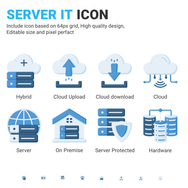 illustrazioni stock, clip art, cartoni animati e icone di tendenza di set di icone it e tecnologiche per server. dimensioni modificabili. con stile di colore piatto su sfondo bianco isolato. il set di icone it del server contiene icone come cloud, ibrido, server, hardware, locale e altri - data center network server storage room