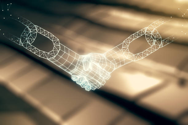 istock Abstract virtual block chain technology sketch with handshake on shiny metal background, future technology and blockchain concept. Double exposure 1332127375