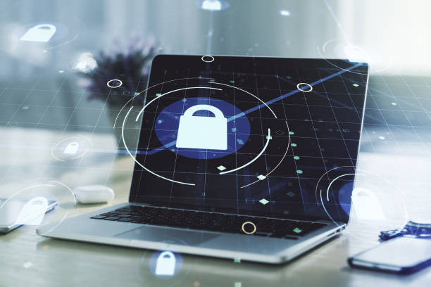istock Creative idea concept with lock symbol and microcircuit illustration on modern laptop background. Protection and firewall concept. Multiexposure 1332127387