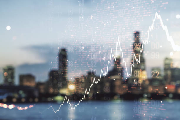 istock Double exposure of abstract creative financial chart hologram and world map on blurry cityscape background, research and strategy concept 1332127454