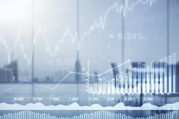 istock Multi exposure of virtual abstract financial graph interface on a modern coworking room background, financial and trading concept 1332127458