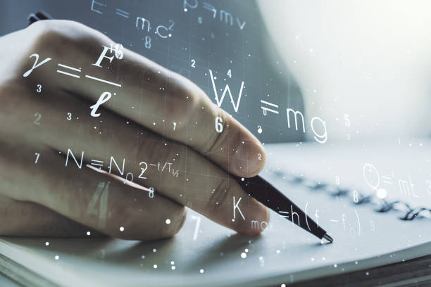 istock Creative scientific formula concept with man hand writing in notebook on background. Multiexposure 1332127519