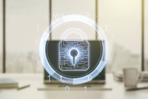 istock Creative idea concept with lock symbol and microcircuit illustration on modern laptop background. Protection and firewall concept. Multiexposure 1332127575