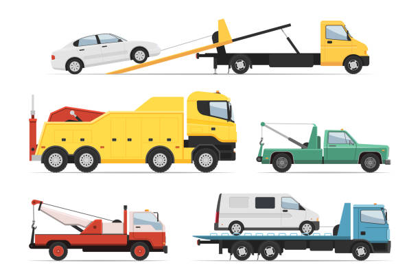 ilustraciones, imágenes clip art, dibujos animados e iconos de stock de camión de ayuda, equipo de remolque de carga de asistencia de rescate establecido - towing tow truck truck semi truck