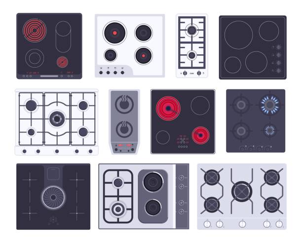 Cooking gas hob, induction panel, electric or ceramic stove Cooking gas hob, induction panel, electric or ceramic stove. Grate cooker, cookware surface home kitchen appliance, kitchenette burner equipment vector illustration isolated on white background electric stove burner stock illustrations