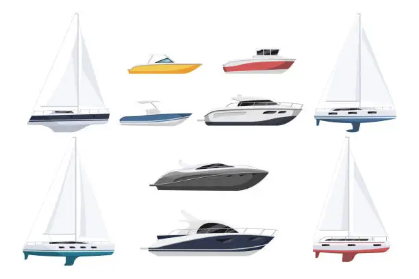 Vector illustration of Speed boat, sail-boat and luxury yacht set on white