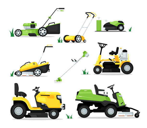 illustrazioni stock, clip art, cartoni animati e icone di tendenza di macchina per il movimento del prato con motore e set di cesoie meccaniche - rotary mower illustrations