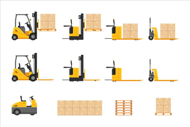 ilustrações de stock, clip art, desenhos animados e ícones de forklift at work set with parcel cardboard box rack - empilhadora