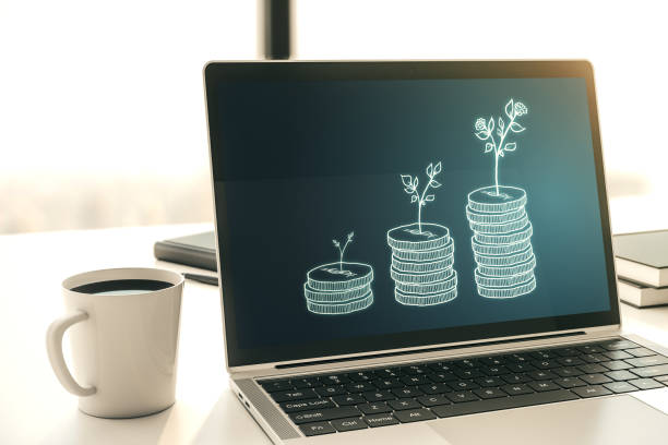 creative abstract money savings sketch on modern laptop monitor, accumulation and growth of money concept. 3d rendering - emeklilik stok fotoğraflar ve resimler