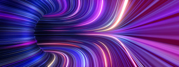 istock 3d render, abstract panoramic background with tunnel turn. Bright purple pink neon rays and lines glowing in ultraviolet light 1332128937