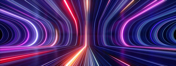 istock 3d render, abstract panoramic neon background with glowing colorful lines 1332128968