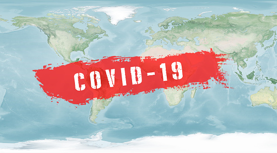 Corona Virus2019-nCoV or Covid 19 pandemic. Global world map Alert isolated. Infographic illustration. Atlas. Flu infection outbreak as risk.  Elements of this image furnished by NASA